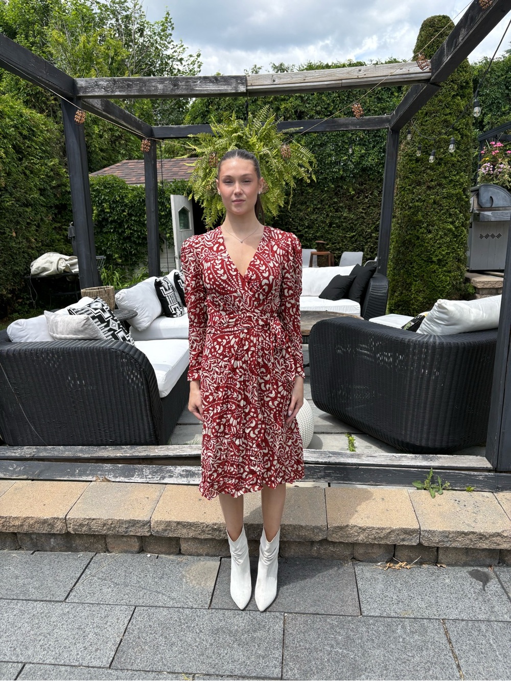 ba&sh Red Printed V-Neck Wrap Midi Dress